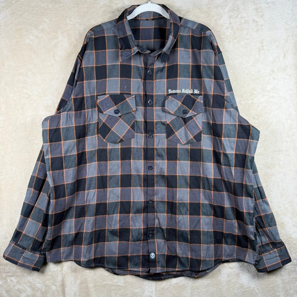 Demons Behind Me Mens 4XL Plaid Flannel Shirt Grey Orange Skull Goth Button Down